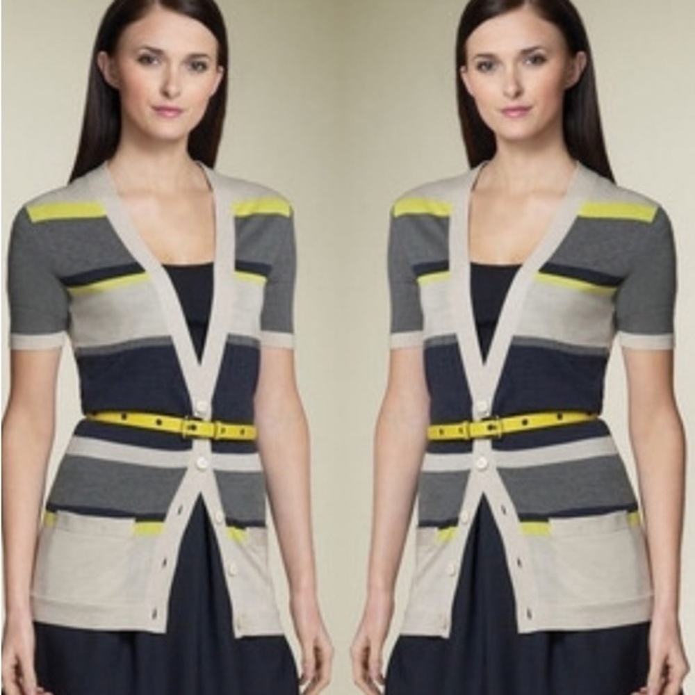 Theory Gwyneth Cardigan New Sovereign Short Sleeves Wool Striped Size Large